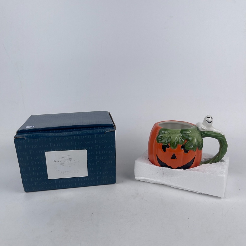 Vintage Hand Crafted Fitz and Floyd‎ Orange Green Halloween Pumpkin Mug Ghost